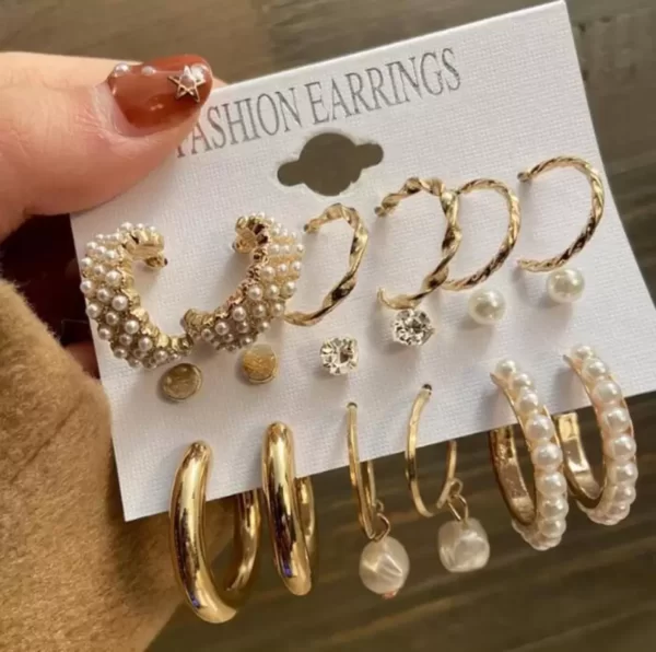 VWE1034-p3 Combo 9 Pair Earrings Stunning White Gold Plated Pearl Hoop Earrings