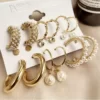 VWE1034-p4 Combo 9 Pair Earrings Stunning White Gold Plated Pearl Hoop Earrings