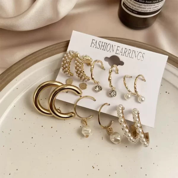 VWE1034-p5 Combo 9 Pair Earrings Stunning White Gold Plated Pearl Hoop Earrings