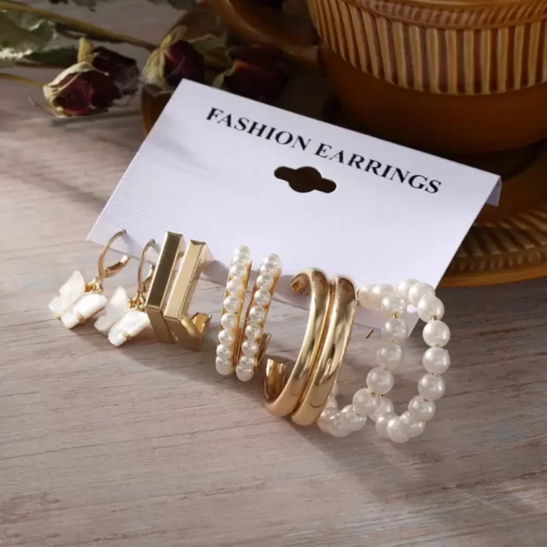 VWE1035-p1 Combo 5 pairs Earrings of stunning Gold Plated Pearl Hoop Earrings