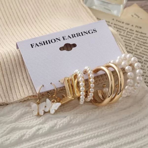 VWE1035-p2 Combo 5 pairs Earrings of stunning Gold Plated Pearl Hoop Earrings