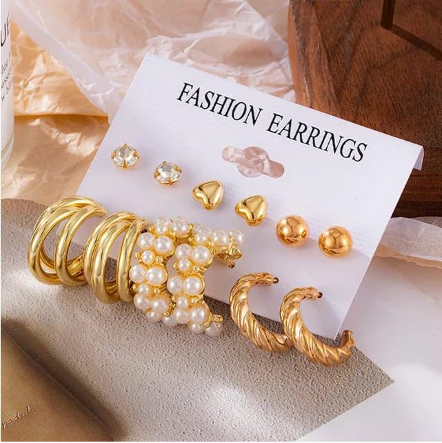 VWE1039-p2 Combo 6 Pair Earrings with Studs and Hoops