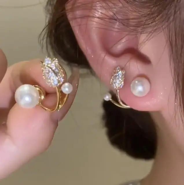 Tulip Flower Pearl Stud Earrings