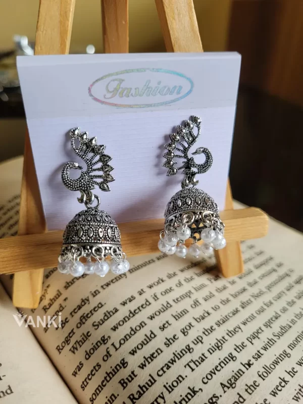 Silver Oxidised Peacock Small Jhumka Earrings