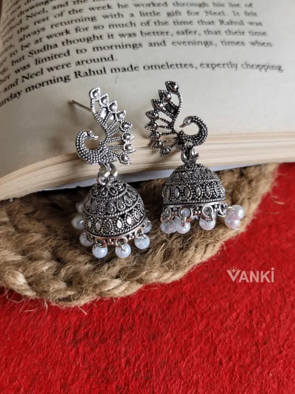 Silver Oxidised Peacock Small Jhumka Earrings